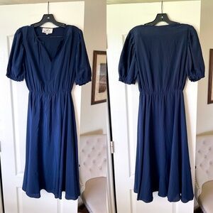 Soler ArossGirl Brooke Silk Midi Dress Puff Sleeve 40s Style Chic Navy M EUC
